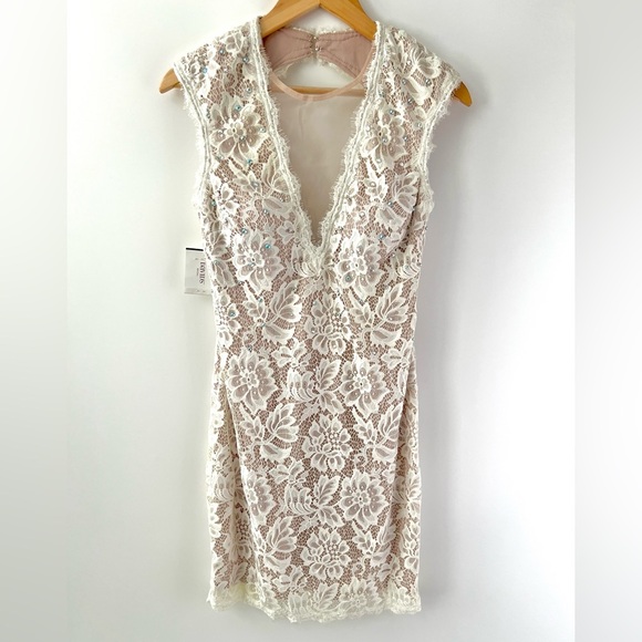 BETSY & ADAM | Sheath White Floral Lace Illusion Mini Dress Embellished Size 8 - Picture 4 of 12